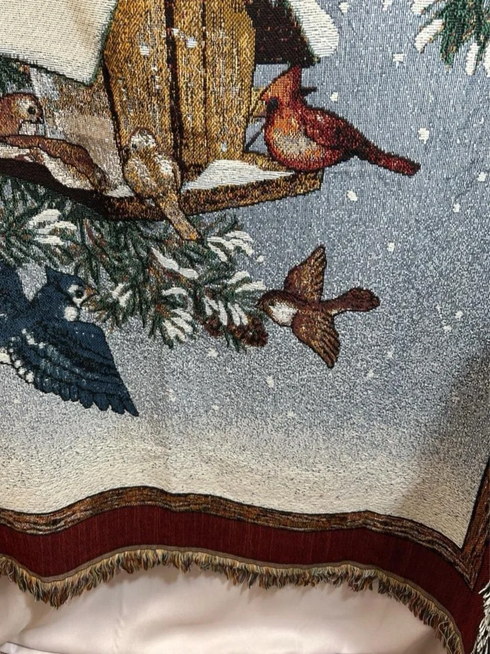Vintage Winter Birdhouse Tapestry Throw – Cardinal & Pine Scene
